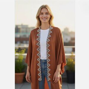 WILDSEA Copper Brown Satin Hand Beaded Boho Kimono Topper Jacket